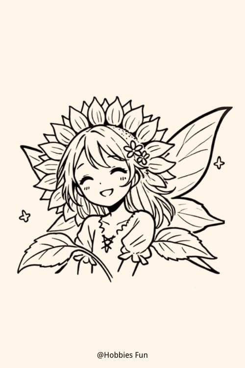 Beautiful Anime Girl Drawing, Smiling Sunflower Fairy