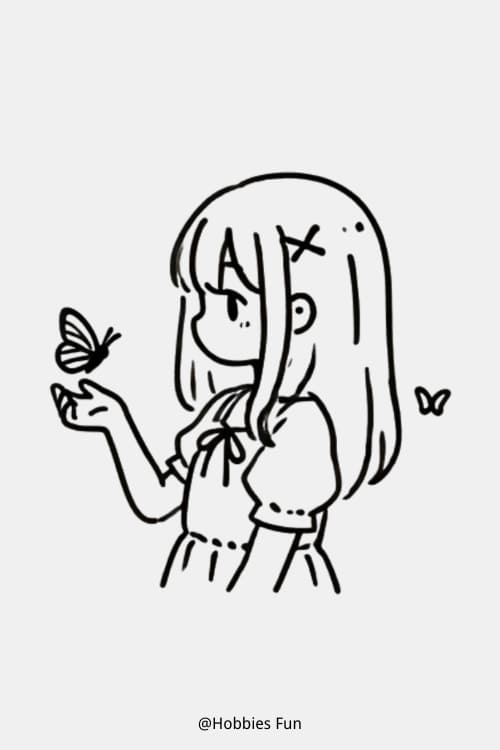 Beautiful Anime Girl Drawing, Girl With Butterfly Perched On Finger