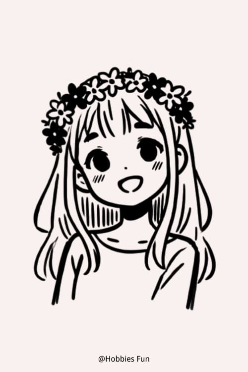 Beautiful Anime Girl Drawing, Girl With Flower Crown