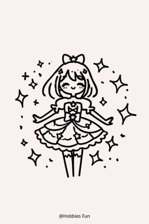 Beginner Easy Anime Drawings, Girl In A Magical Girl Costume With Sparkles