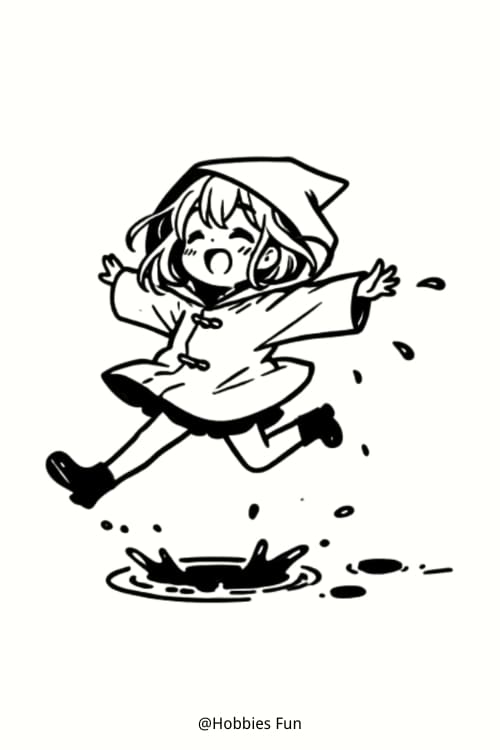 Cute Anime Drawings Girl, Girl In A Raincoat Jumping Over Puddles