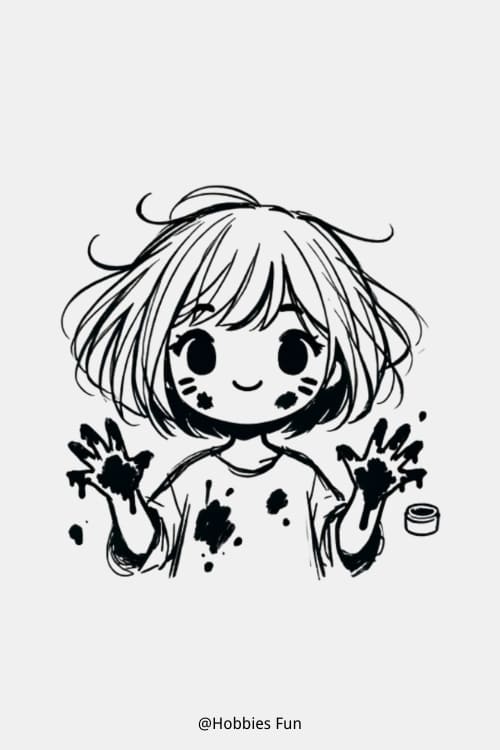 Cute Anime Drawings Girl, Girl With Messy Hair And Paint-stained Hands