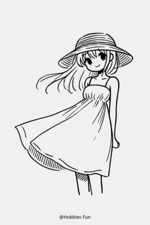 Cute Anime Characters To Draw, Girl In A Flowy Sundress With Sunhat