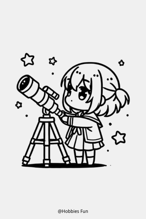 Cute Girl Drawing Anime, Girl With Telescope Looking At The Stars