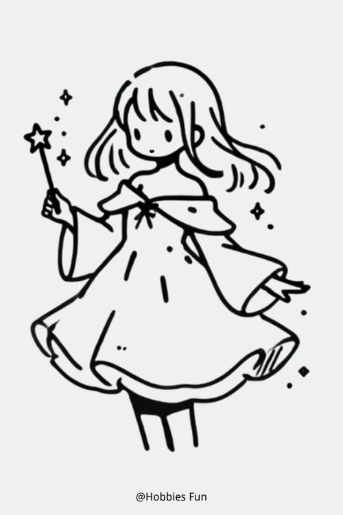 Cute Anime Girl Drawing Easy, Magical Girl With Wand And Flowing Dress