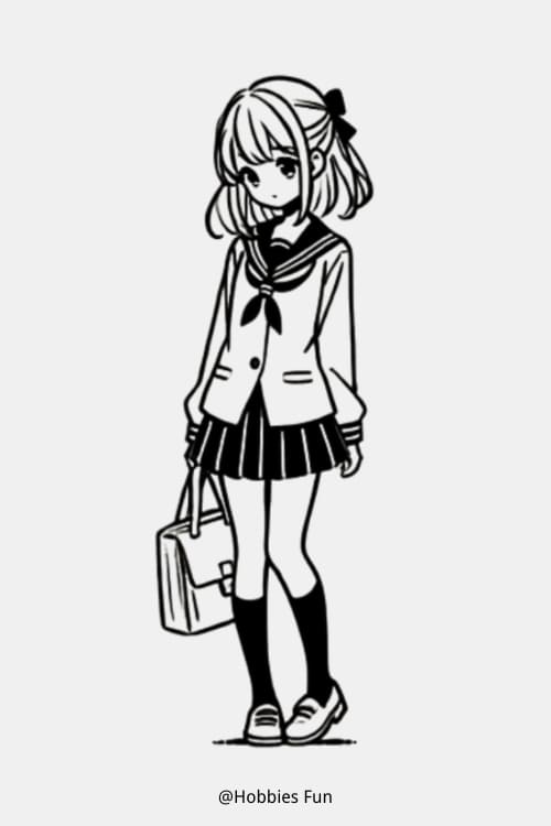 Cute Anime Girl Drawing, Schoolgirl In Uniform With Book Bag