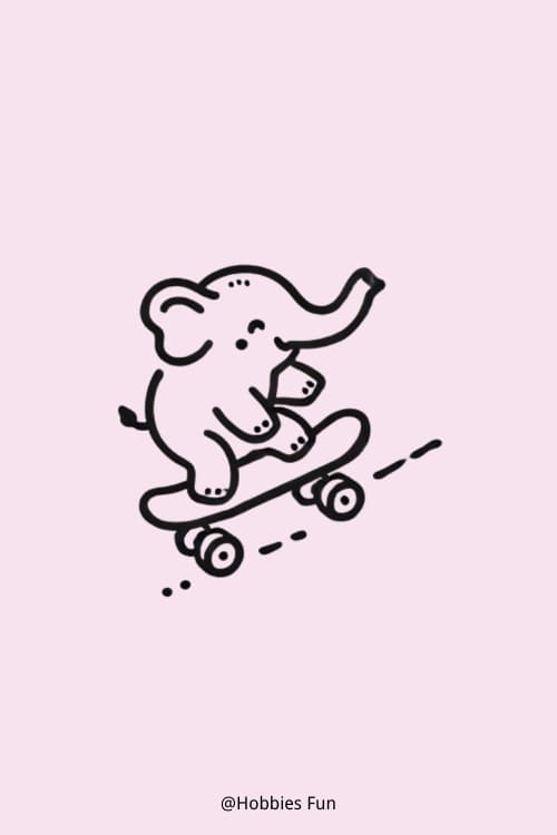 Cute Elephant Drawing, Elephant Riding Skateboard