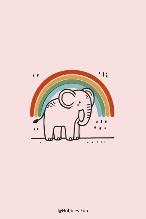 Elephant Drawing Cute, Elephant Standing Under Rainbow