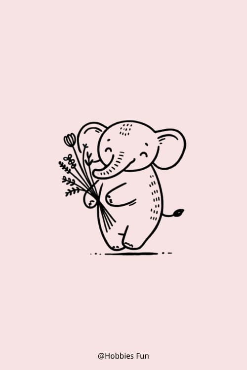 Cute Elephant Drawing, Elephant With A Bunch Of Wildflowers