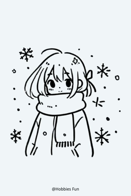 Easy Cute Anime Girl Drawing, Girl In Snowy Day   