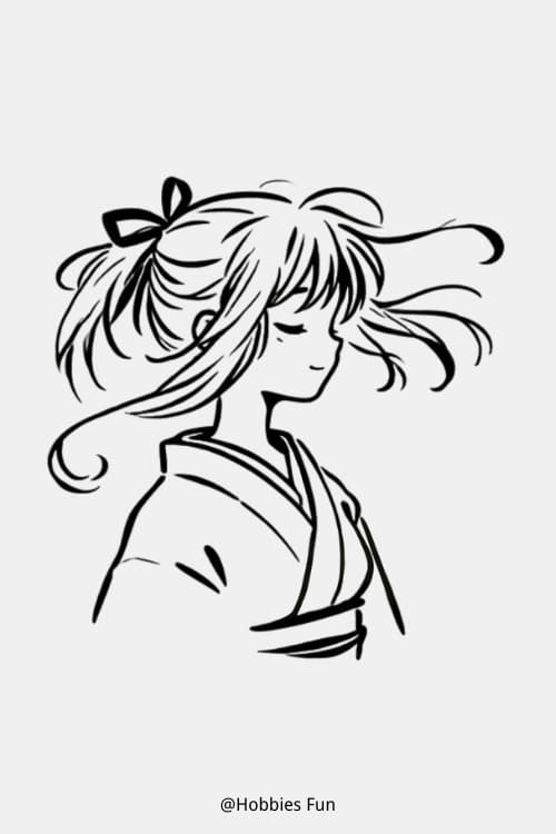 Girl Drawing Anime, Girl With Ribbon In Her Hair And Gentle Breeze