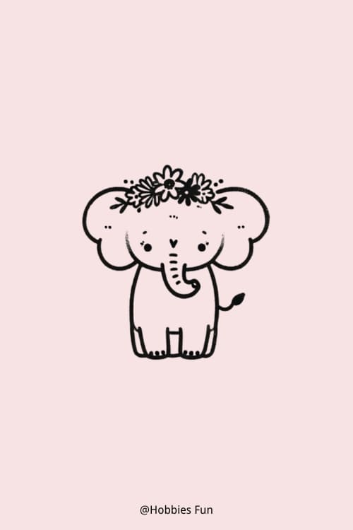 Kawaii Cute Elephant Drawing, Elephant With Flower Crown