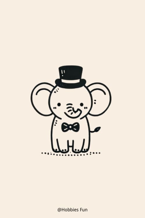 Kawaii Elephant Drawing, Elephant Wearing Top Hat And Bow Tie