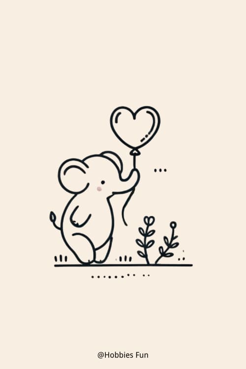 Love Cute Elephant Drawing, Elephant With Heart-shaped Balloon