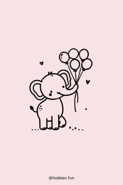 Simple Elephant Drawing, Cartoon Elephant Holding A Bunch Of Balloons