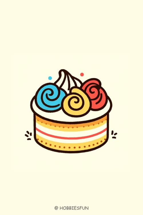Cake Drawing Easy, Vanilla Cake With Colorful Frosting Swirls